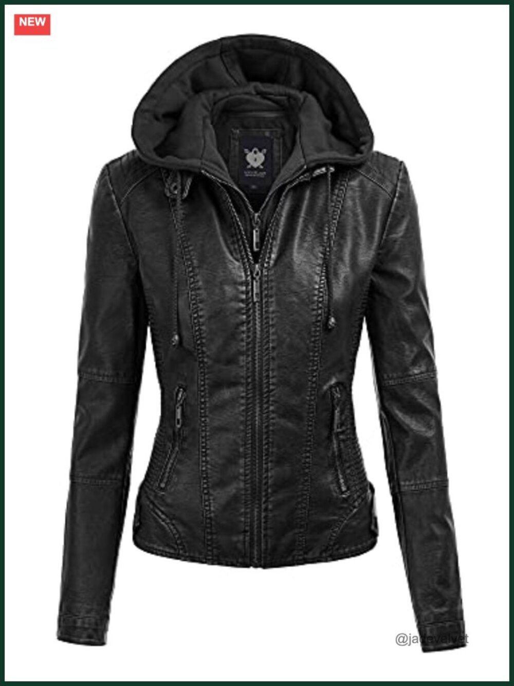 Faux Leather Moto Biker Jacket Removable Hood Zip Pockets